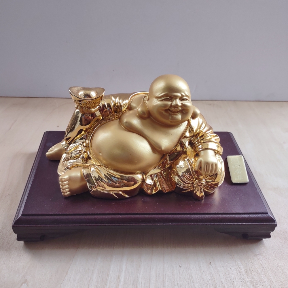 Gold Reclining Laughing Buddha Statue Wood Base 6" x 9.75" x 5" Luck Fortune
